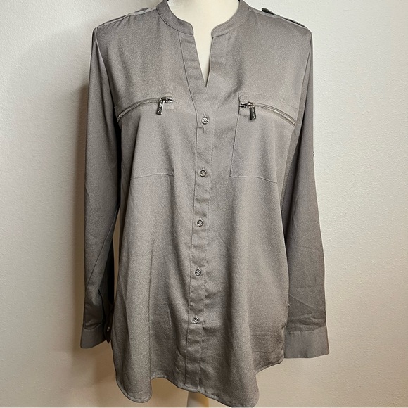 Calvin Klein Tops - Calvin Klein Women Blouse M Silver Button Up Long Sleeve Button Roll Up Sleeves